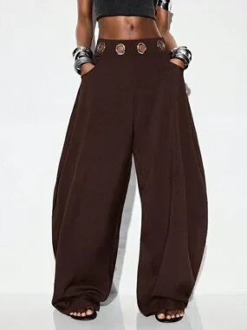 ZARA Coffee Brown Casual Women's Loose Pocket Elastic Wide Leg Pants